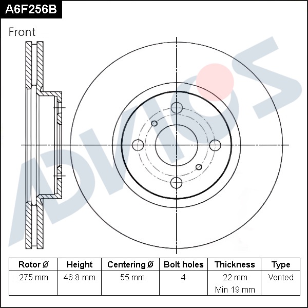 ДИСК ТОРМОЗНОЙ ADVICS A6F256B