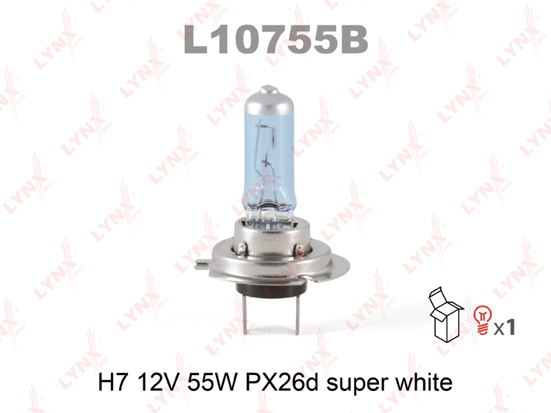 ЛАМПОЧКА LYNXauto L10755B H4 12V Галлогеная PX26d SUPER WHITE (СУПЕР БЕЛЫЙ)