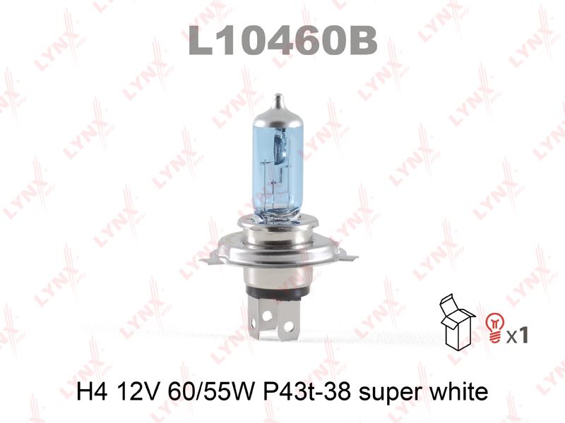 ЛАМПОЧКА LYNXauto L10460B H4 12V 60/55Вт. P43t-38 SUPER WHITE (СУПЕР БЕЛЫЙ)